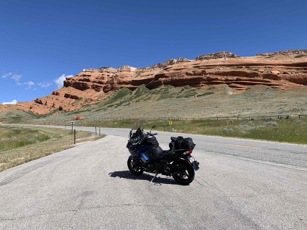 Motorcycle travel scene in Wyoming
